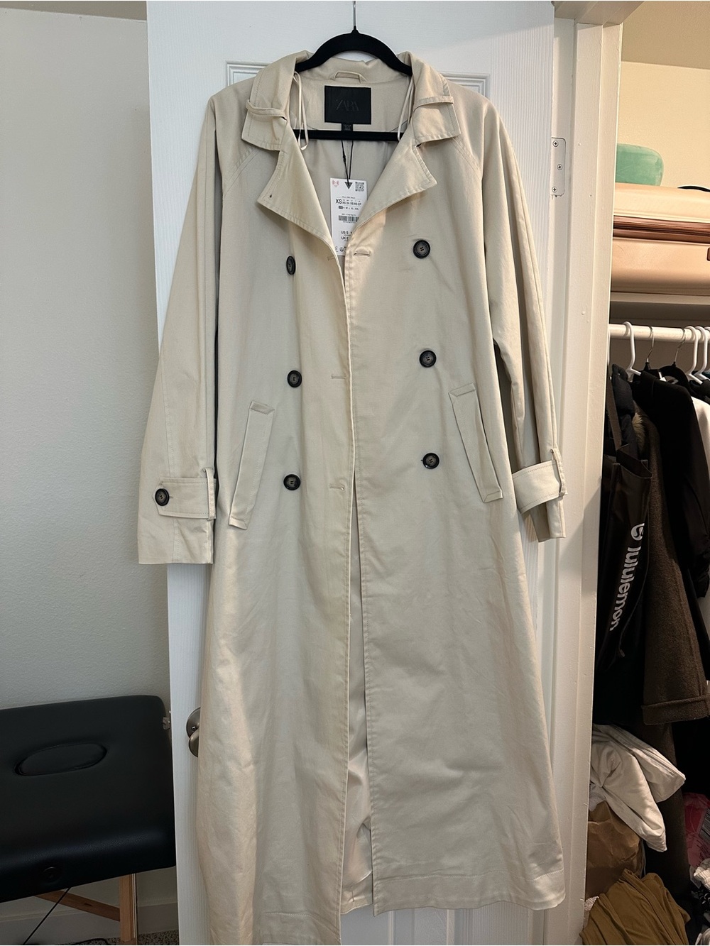 Zara Long Beige Double-Breasted Trench Coat
